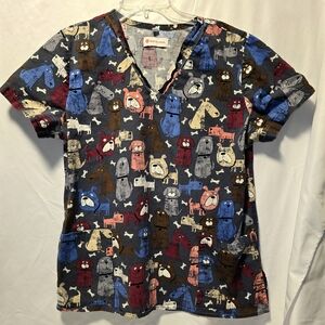 White Cross Multicolor Dog Print Scrub Top